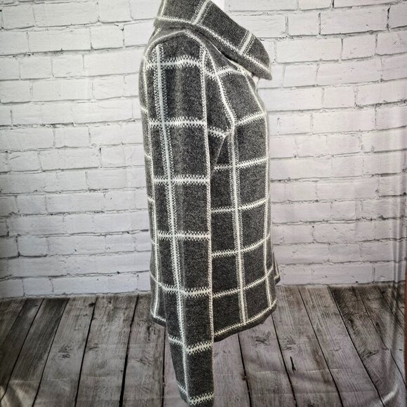 ELLEN TRACY WOMENS GRAY WHITE PLAID COWL NECK ONE BUTTON SWEATER CARDIGAN MED - Picture 2 of 9